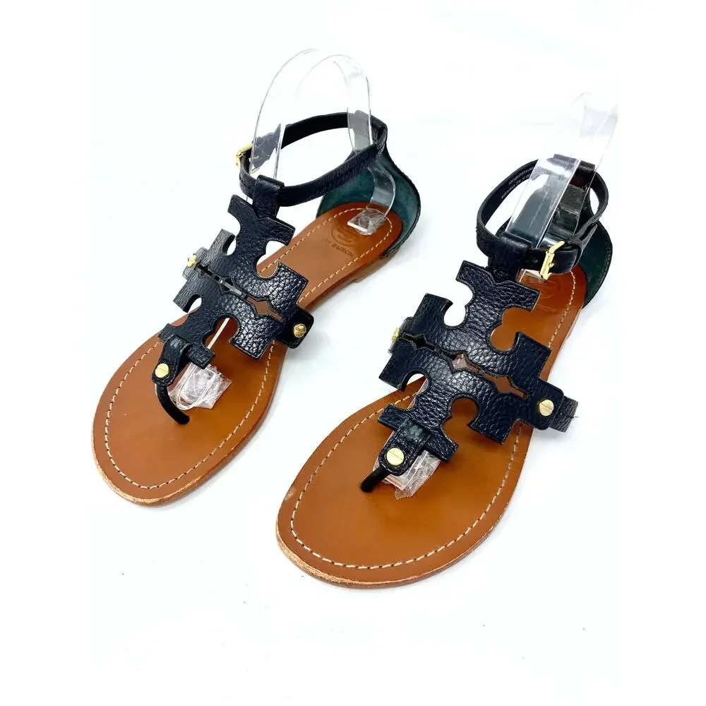 Tory Burch Black Leather Double T Logo Thong Sandals Gold Hardware 8.5